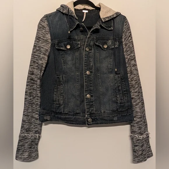 Free People Rumors Hooded Denim Jacket | M | Distressed Denim Knit Sleeves Goth - Picture 5 of 15